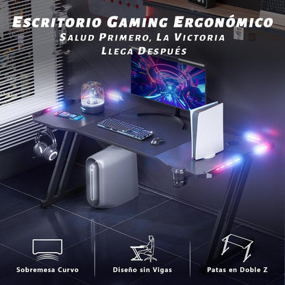 120 × 60Cm LED Mesa Gaming, Escritorio Gaming De Fibra De Carbono Ergonómicas, Escritorio Gamer Con Portavasos Y Gancho Para Auriculares, Negro