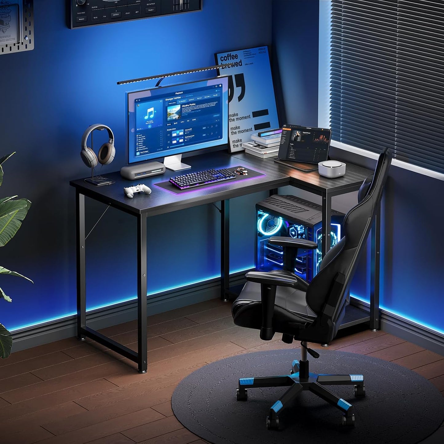 Coleshome Escritorio Gaming, Escritorio Esquinero Con Estante De Almacenamiento Reversible, Ahorra Espacio