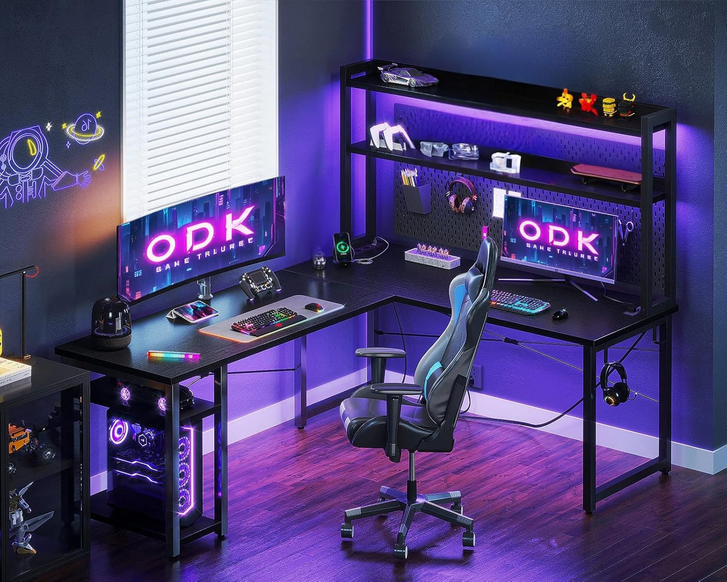 ODK Escritorio Gaming Con LED, 150×120 Cm Escritorio Con Estante Reversible, Escritorio En L Con Enchufes Y Puertos USB, Negro Con Compartimentos Y Almacenamiento