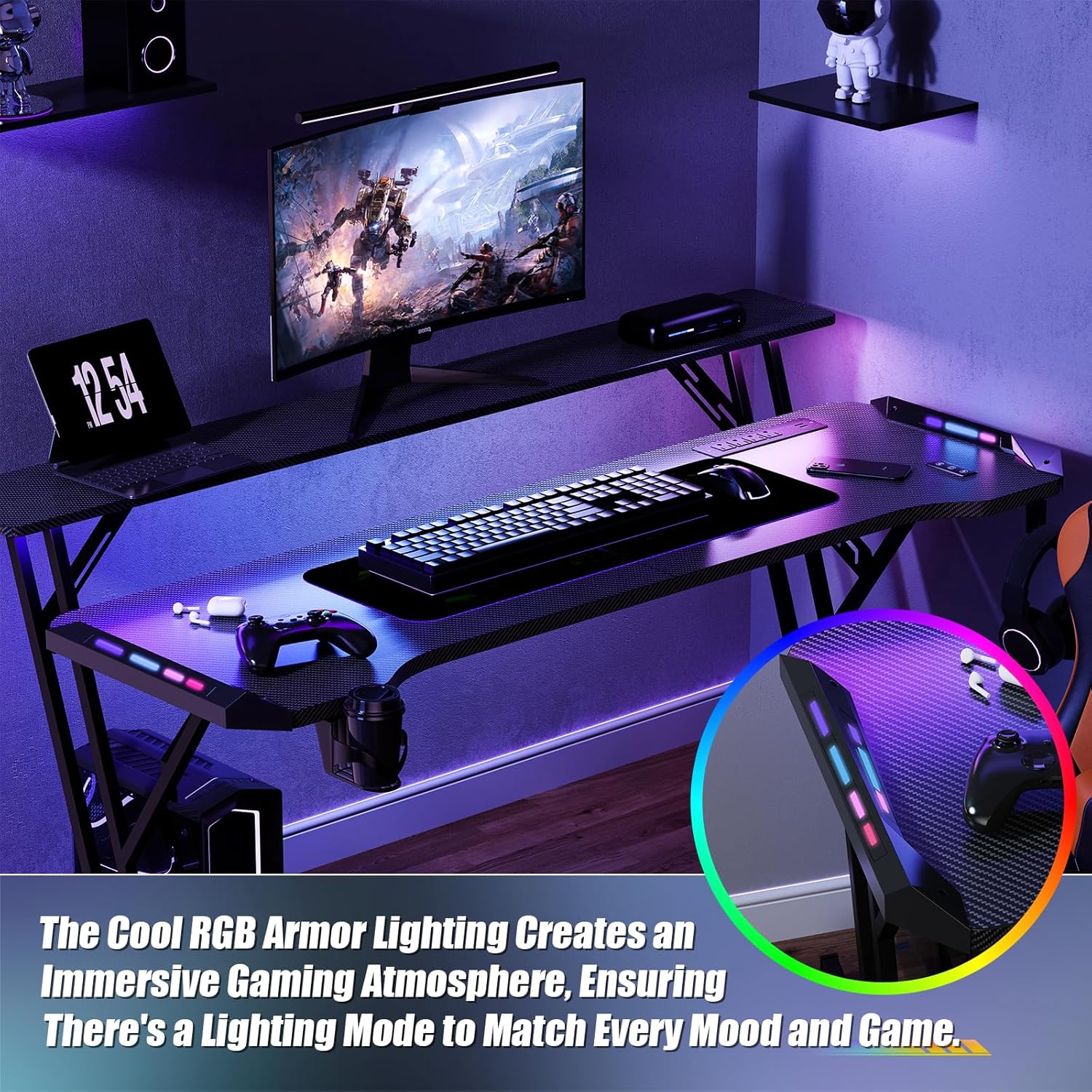 Escritorio Para Juegos De 120 Cm, Escritorio Inteligente Para Gamers Con Luces LED Y Alfombrilla Para Ratón, Soporte Para Monitor, Gancho Lateral 