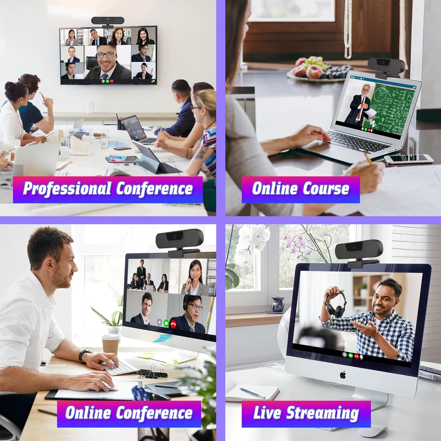 W8GS Webcam 4K Con Micrófonos, Autofocus, Reducción De Ruido, 85°View, Corrección De Iluminación, Plug&Play