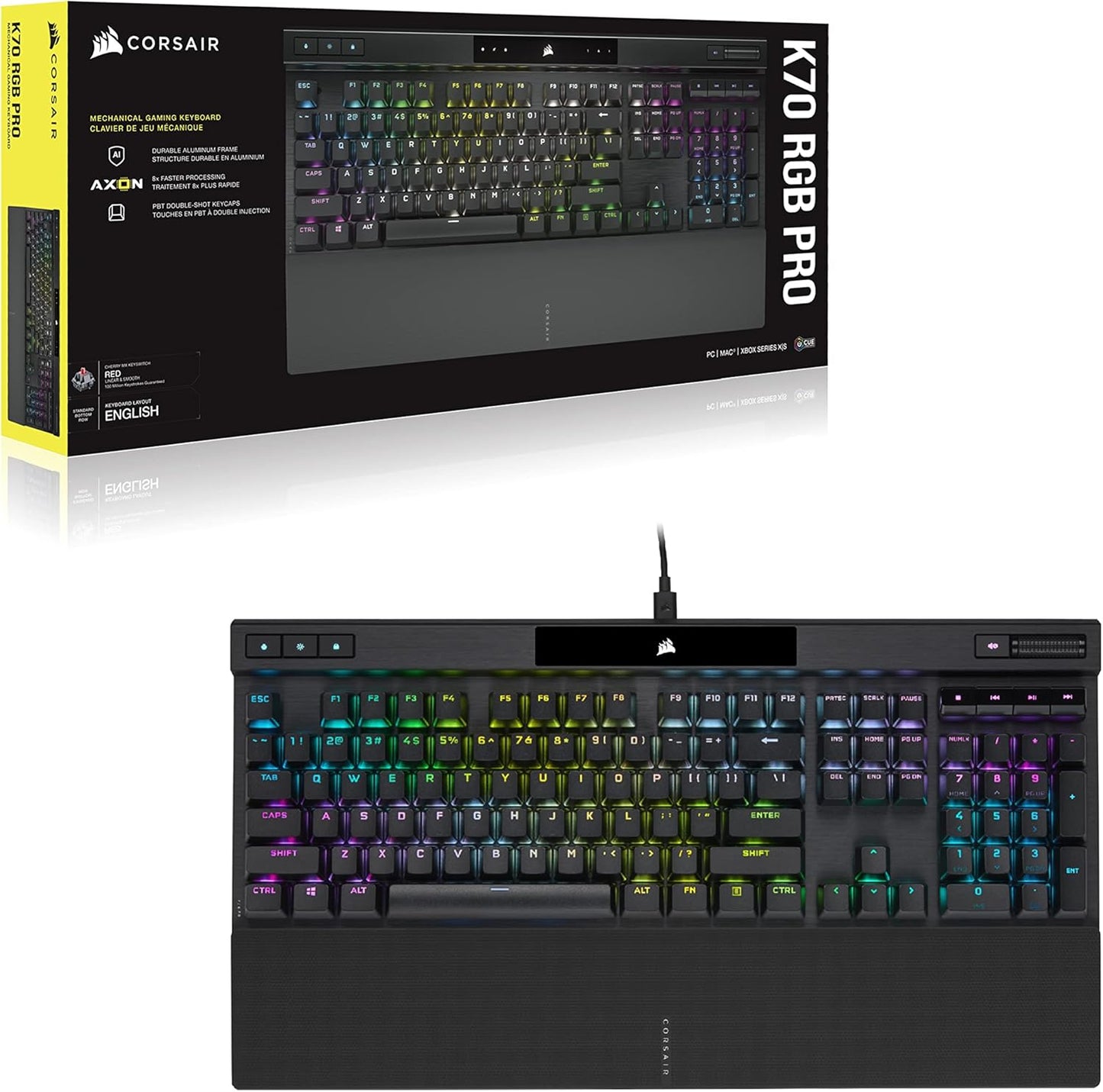 Teclado mecánico para juegos con cable K70 RGB PRO (interruptores de velocidad CHERRY MX RGB: lineales y rápidos, hipersondeo de 8000 Hz