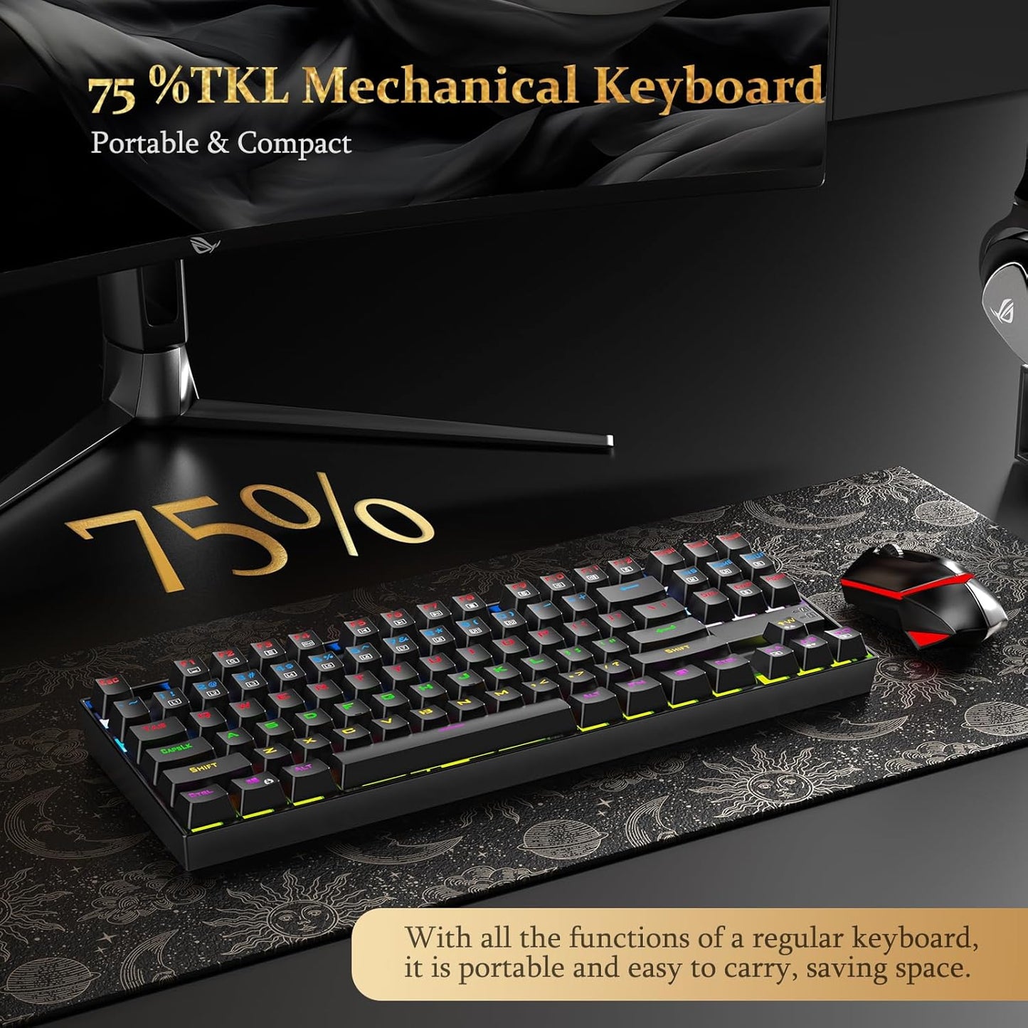 Teclado Mecánico de Gaming K552, Compacto de 87 Teclas, Teclado de Gaming LED con Interruptores Rojos, Anti-Ghosting, Estructura Metálica para Juegos y Escritura en PC