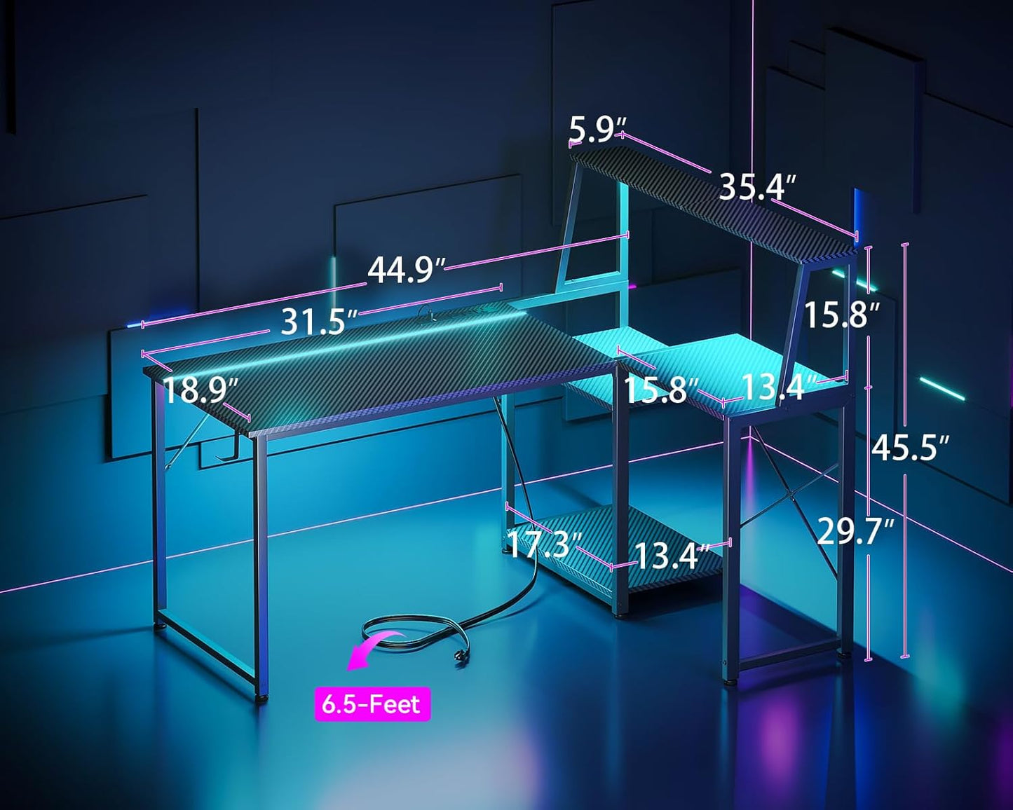 Escritorio de Gaming en Forma de L de 45 Pulgadas con Toma de Corriente y Luces LED, Mesa de Computadora con Vitrina en la Esquina para Soporte de CPU, Estante de Almacenamiento, Superficie de Fibra de Carbono