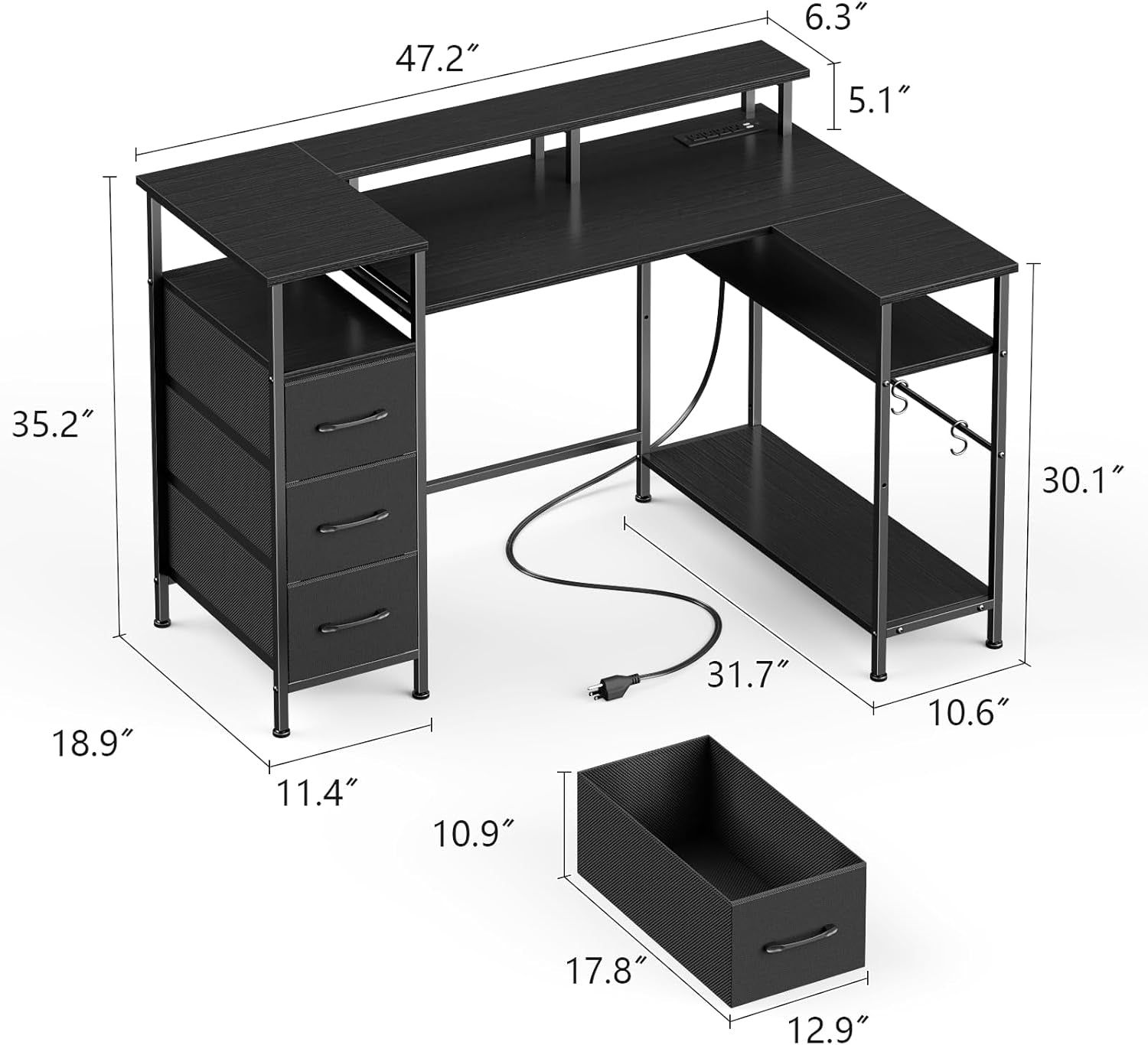 Escritorio Gaming en Forma de L de 47 Pulgadas con Tomas de Corriente y Luces LED, con Cajón para Archivos y Soporte para Monitor, Mesa de Esquina para Gamer para Oficina en Casa con Estantes de Almacenamiento