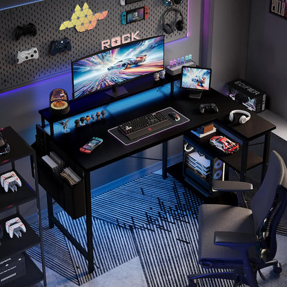 100 x 50 cm Escritorio L Con Luces LED Y Enchufes, Escritorio De Juego Con 2 Estantes, Con Soporte Para Monitor, Negro Carbón​