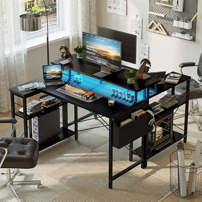 100 x 50 cm Escritorio L Con Luces LED Y Enchufes, Escritorio De Juego Con 2 Estantes, Con Soporte Para Monitor, Negro Carbón​