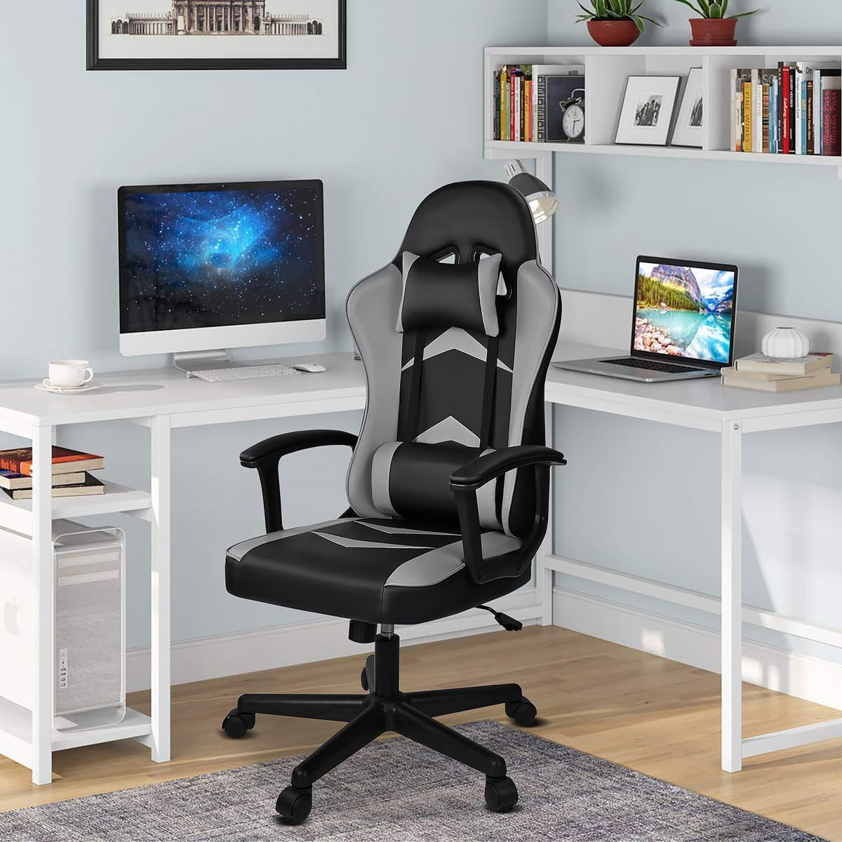 Silla Gaming Ergonómica Reclinable Con Cojín Lumbar Y Cervical | Respaldo Alto Acolchado | Altura Ajustable | Ruedas Giratorias 360° Y Reposabrazos 