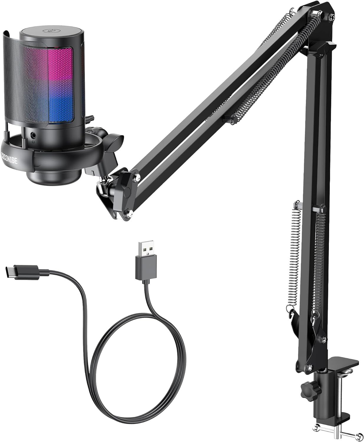 Micrófono para Gaming, Micrófono USB para PC para Podcasts y Videos, Streaming, Micrófono de Condensador con Silencio Rápido, Soporte de Trípode, Filtro Anti-Pop, Indicador RGB, Montaje Antivibración, Botón de Ganancia Giratorio