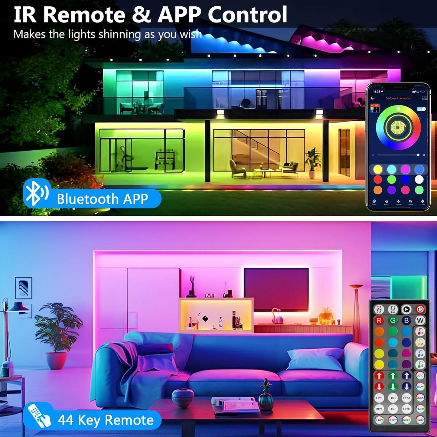 Tira LED, Luces LED 20 Metros, Luces Led Habitacion, RGB Bluetooth Tiras LED Luz Led Adhesiva Con Control Remoto Y Inteligente Control De APP, Cambia El Color Con La Musica (2X10M)