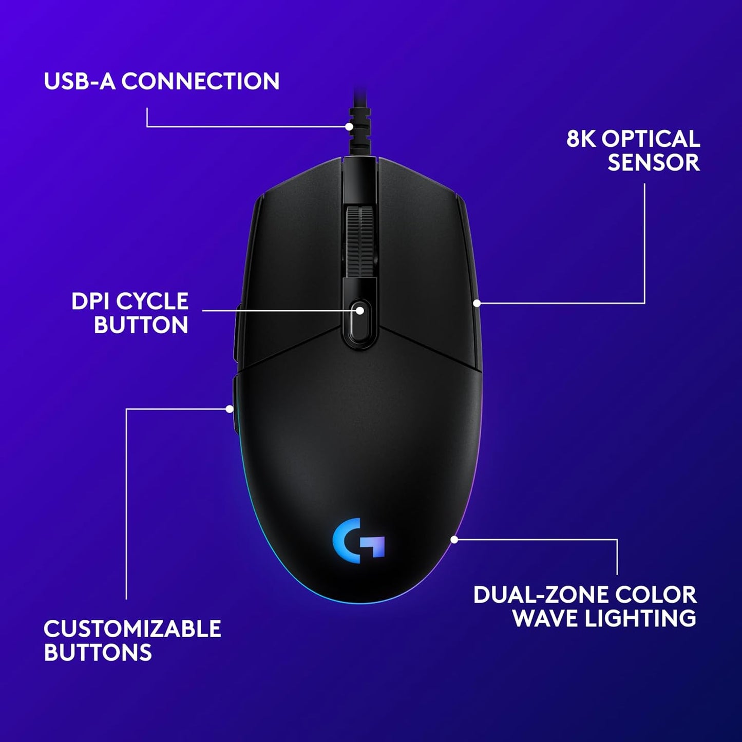 Ratón Gaming Logitech G203 con cable, 8,000 DPI, efecto óptico arcoíris LIGHTSYNC RGB, 6 botones programables, memoria interna, asignación en pantalla