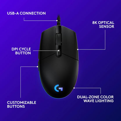 Ratón Gaming Logitech G203 con cable, 8,000 DPI, efecto óptico arcoíris LIGHTSYNC RGB, 6 botones programables, memoria interna, asignación en pantalla