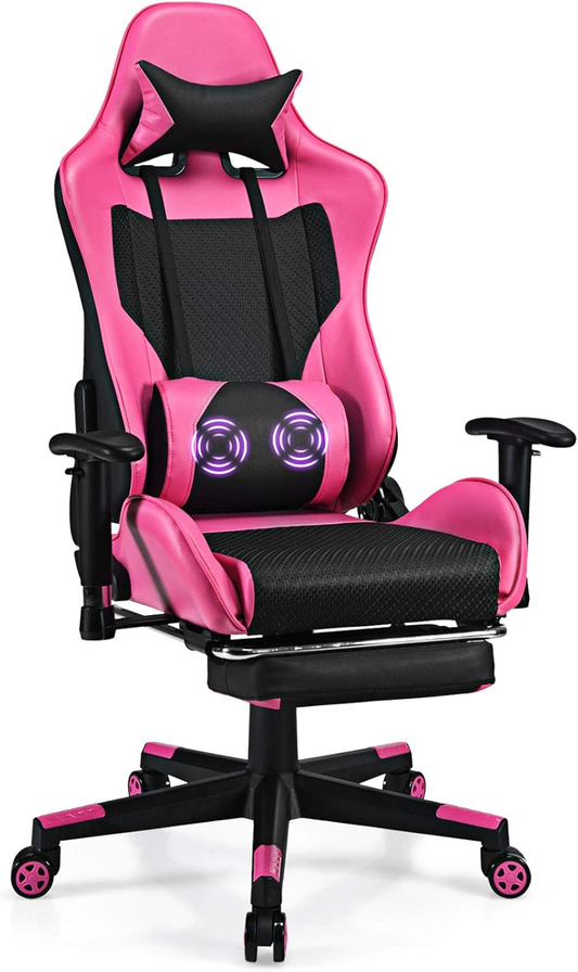 Silla de Gaming Ergonómica para Videojuegos con Reposapiés, Silla de Computadora E-Sport de Respaldo Alto con Reposacabezas y Soporte Lumbar con Masaje, Asiento de Gaming de Cuero