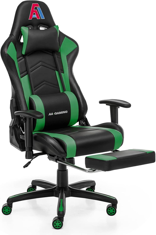 Silla gamer para computadora, con respaldo alto, ajustable, con reposapiés y soporte lumbar, giratoria, color negro y verde.