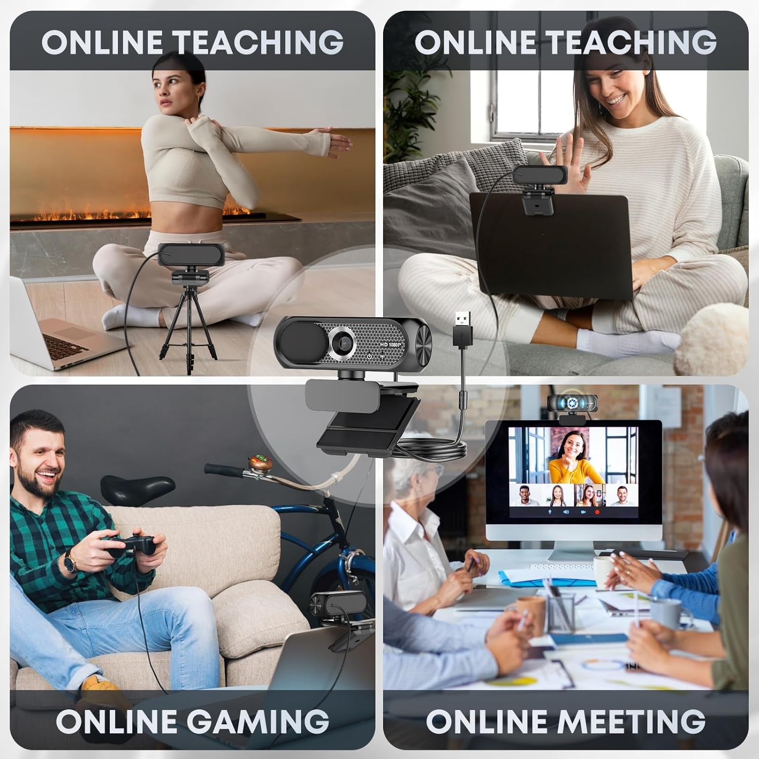 Cámara Web HD con Micrófono, Cancelación de Ruido, Cubierta de Privacidad, Lente Gran Angular, Corrección Automática de Luz, Cámara USB Plug & Play para Portátil