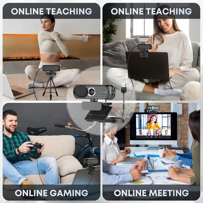 Cámara Web HD con Micrófono, Cancelación de Ruido, Cubierta de Privacidad, Lente Gran Angular, Corrección Automática de Luz, Cámara USB Plug & Play para Portátil