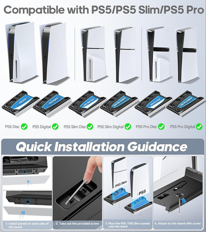 Soporte para PS5/Slim/Pro para discos y consola digital, estación de carga y refrigeración con luces RGB, cargador de mando PS5 con ventilador