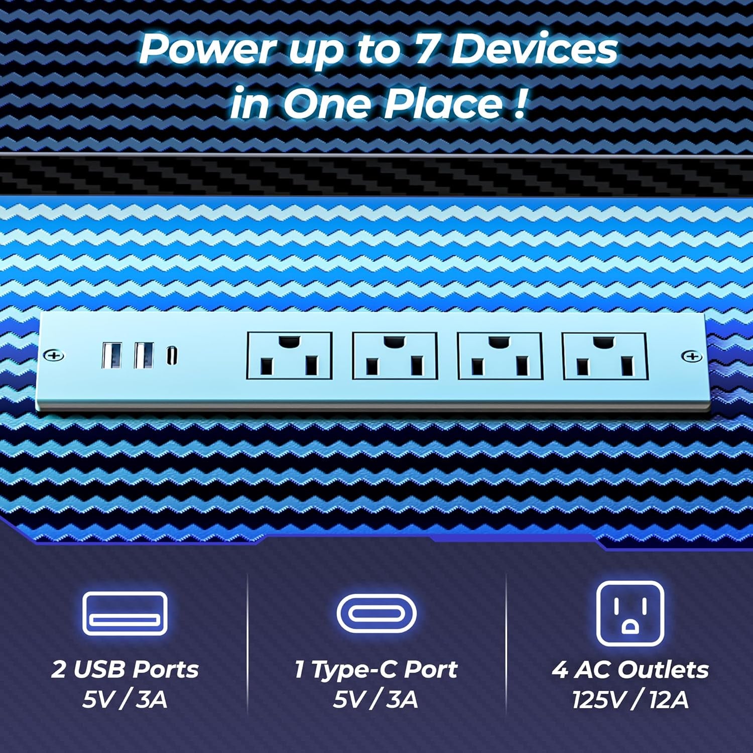 Escritorio de Gaming en Forma de L con Tomas de Corriente y Luces LED, Escritorio de Computadora con Estantes para Monitor, Superficie de Fibra de Carbono,  con Ganchos