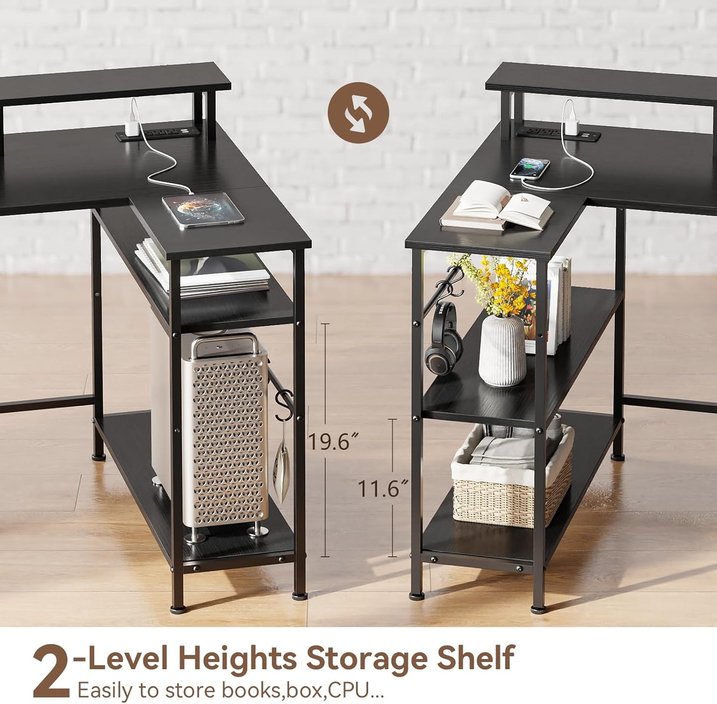 Escritorio Gaming en Forma de L de 47 Pulgadas con Tomas de Corriente y Luces LED, con Cajón para Archivos y Soporte para Monitor, Mesa de Esquina para Gamer para Oficina en Casa con Estantes de Almacenamiento