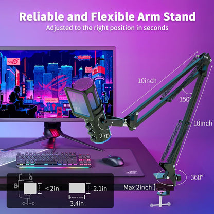 traduce  Micrófono Gaming, Micrófono de Condensador USB para PC, PS4/5 y Mac, Micrófono para Computadora con Cancelación de Ruido, Función de Silencio, Reverb y Monitoreo, Brazo Articulado Ajustable y Filtro Pop
