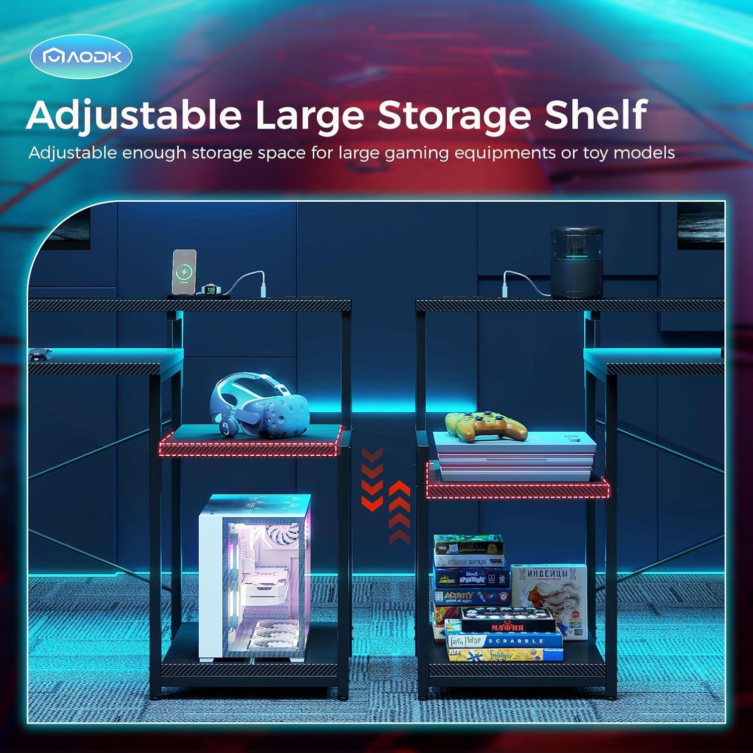 Escritorio Gaming de 48 Pulgadas con Luces LED y Toma de Corriente,  de Oficina con Estantes de Almacenamiento, Escritorio Reversible con Estante para Monitor y Gancho para Auriculares