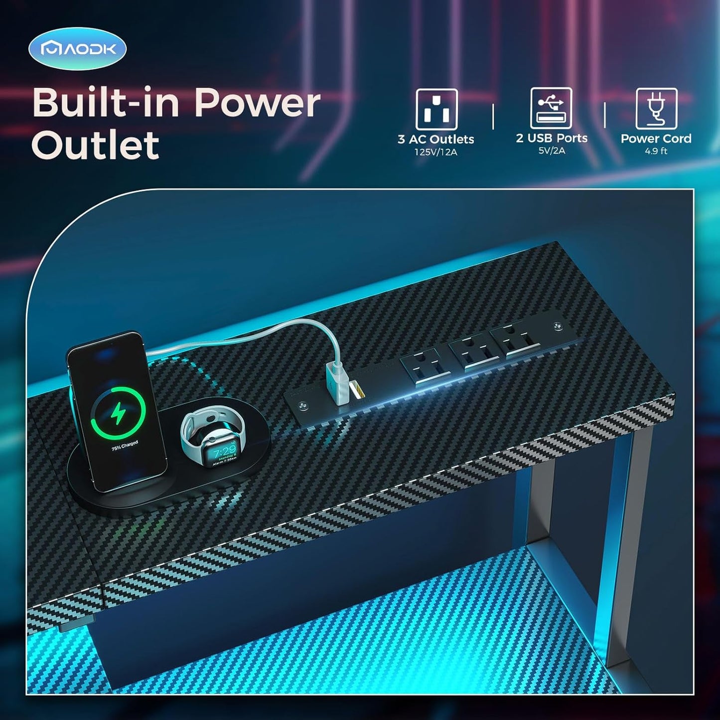 Escritorio Gaming de 48 Pulgadas con Luces LED y Toma de Corriente,  de Oficina con Estantes de Almacenamiento, Escritorio Reversible con Estante para Monitor y Gancho para Auriculares