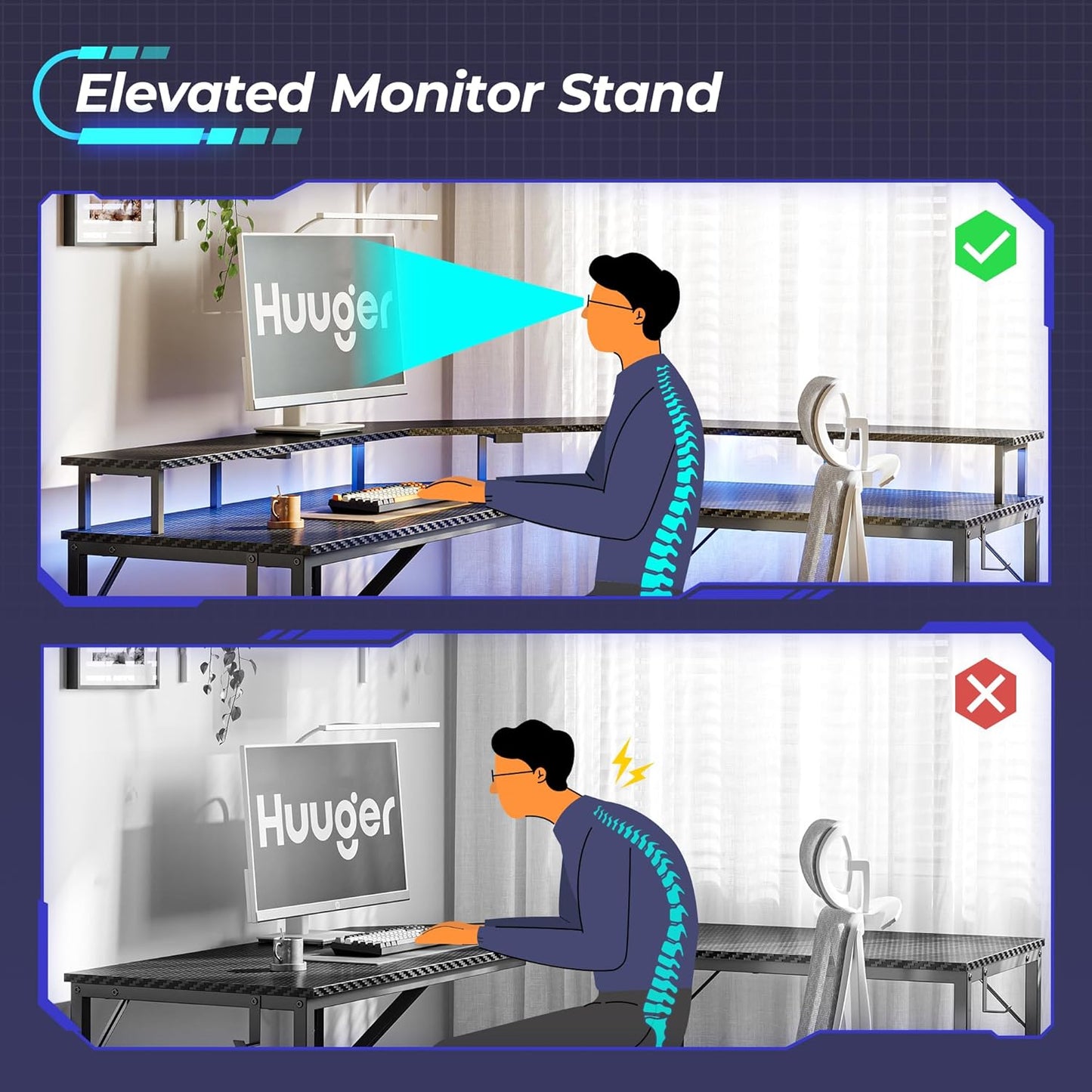 Escritorio de Gaming en Forma de L con Tomas de Corriente y Luces LED, Escritorio de Computadora con Estantes para Monitor, Superficie de Fibra de Carbono,  con Ganchos