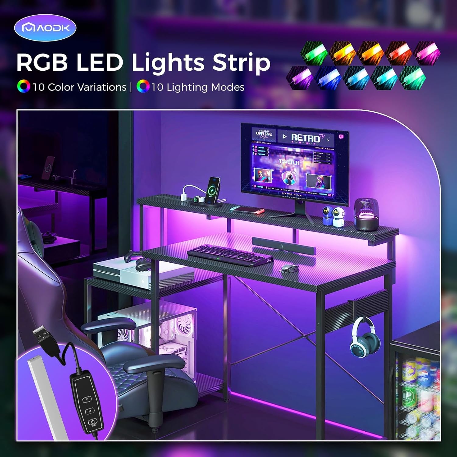 Escritorio Gaming de 48 Pulgadas con Luces LED y Toma de Corriente,  de Oficina con Estantes de Almacenamiento, Escritorio Reversible con Estante para Monitor y Gancho para Auriculares