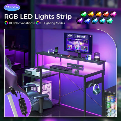 Escritorio Gaming de 48 Pulgadas con Luces LED y Toma de Corriente,  de Oficina con Estantes de Almacenamiento, Escritorio Reversible con Estante para Monitor y Gancho para Auriculares