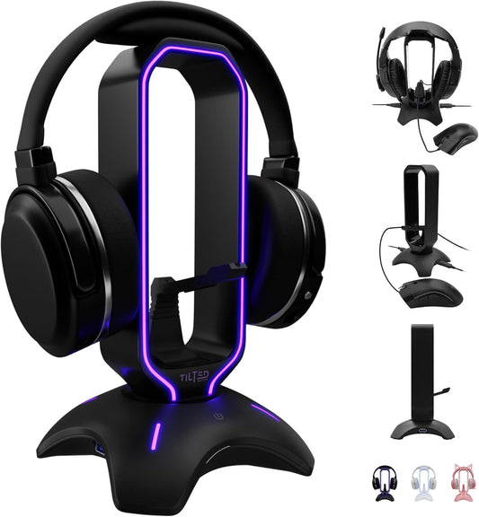 Gaming Headset Stand | RGB Headphone Stand for Desk with Mouse Bungee and USB Hub (Cool and Clean Setup) Gaming Headset Holder - Perfect Gamer Gift Accessory