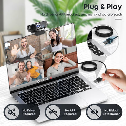 Cámara Web HD con Micrófono, Cancelación de Ruido, Cubierta de Privacidad, Lente Gran Angular, Corrección Automática de Luz, Cámara USB Plug & Play para Portátil