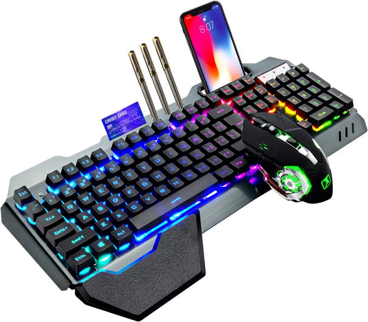  Teclado y Ratón Inalámbricos para Gaming RGB, Reposamuñecas Desmontable, Tamaño Completo