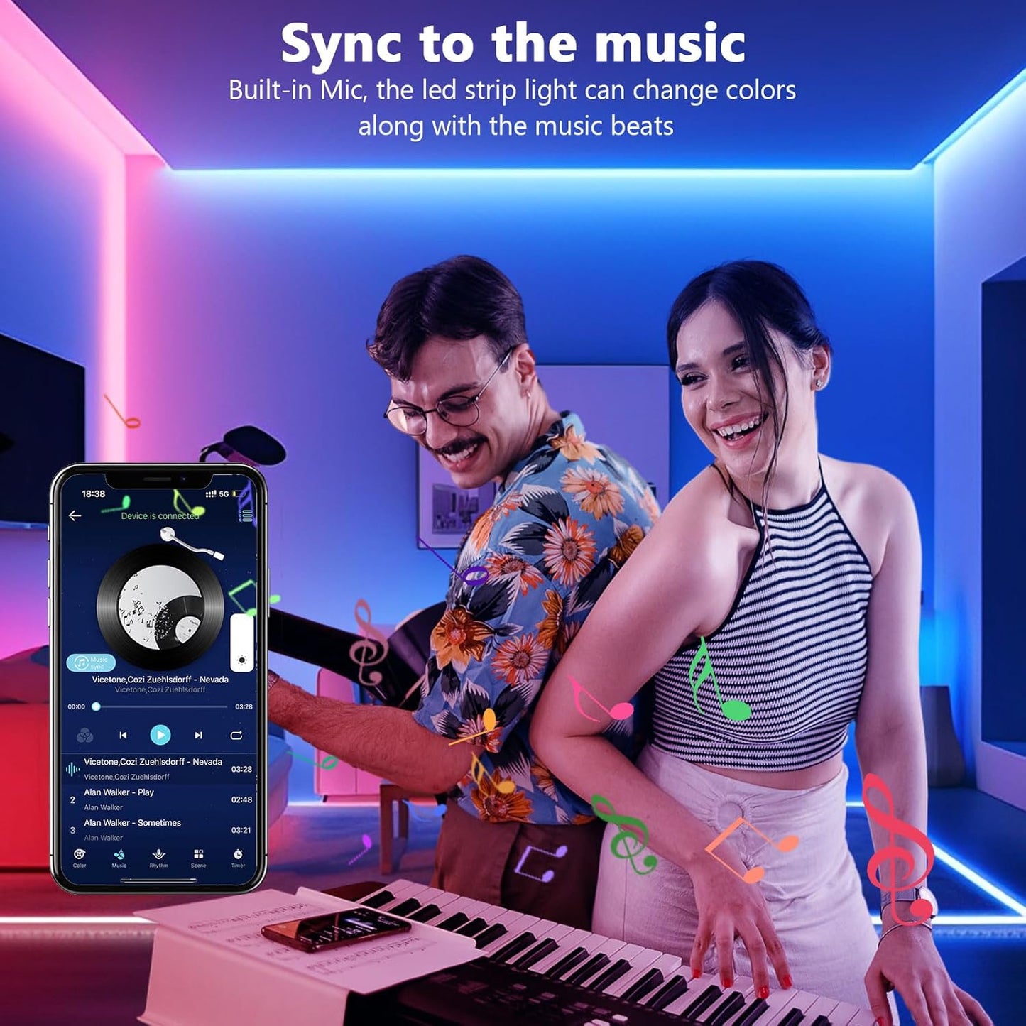 Tira LED, Luces LED 20 Metros, Luces Led Habitacion, RGB Bluetooth Tiras LED Luz Led Adhesiva Con Control Remoto Y Inteligente Control De APP, Cambia El Color Con La Musica (2X10M)