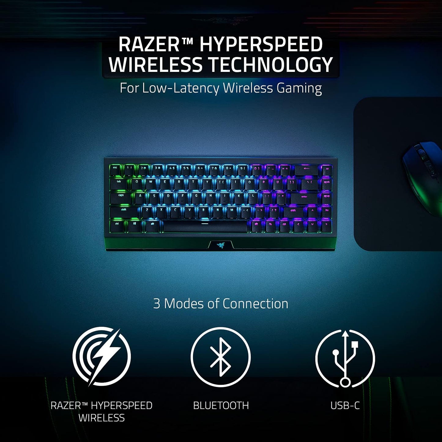 Teclado inalámbrico para juegos Blackwidow V4 Mini Hyperspeed, intercambiable en caliente, 65 % de rendimiento: Hyperspeed Wireless y Bluetooth 5.0