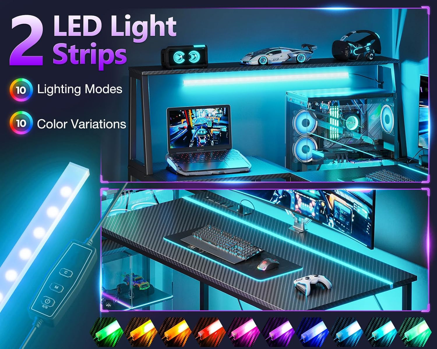 Escritorio de Gaming en Forma de L de 45 Pulgadas con Toma de Corriente y Luces LED, Mesa de Computadora con Vitrina en la Esquina para Soporte de CPU, Estante de Almacenamiento, Superficie de Fibra de Carbono