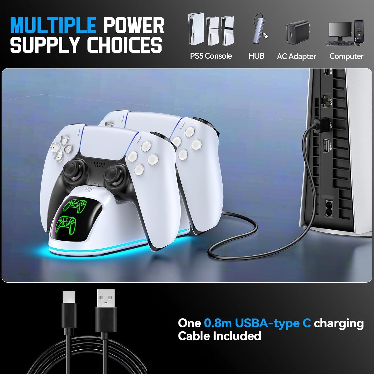 Cargador para PS5, estación de carga dual para Playstation 5 Dualsense y Edge con luz RGB, estación de carga rápida para control dual de PS5 con cable