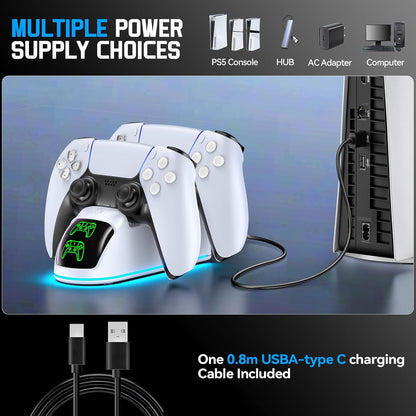 Cargador para PS5, estación de carga dual para Playstation 5 Dualsense y Edge con luz RGB, estación de carga rápida para control dual de PS5 con cable