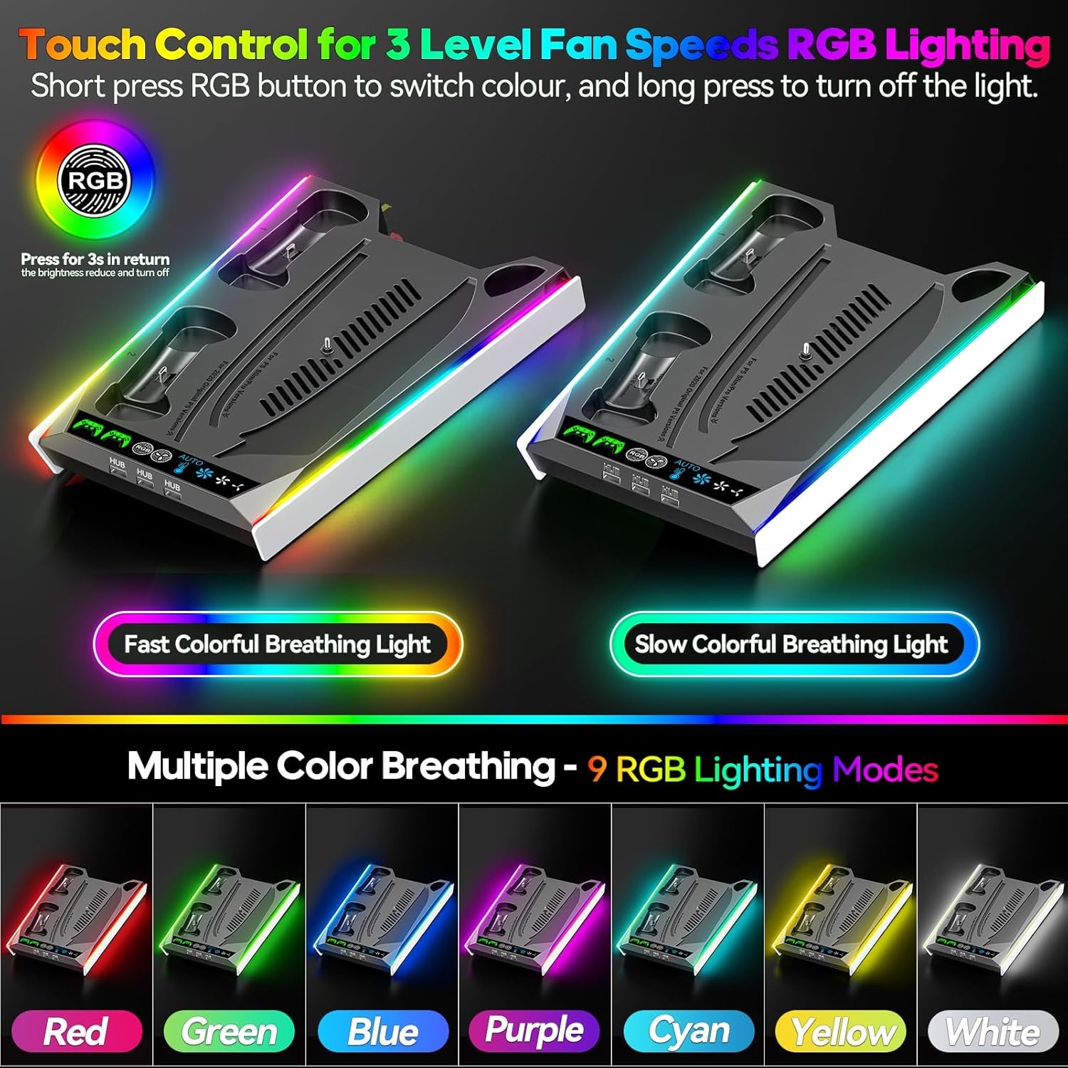 Soporte para PS5/Slim/Pro para discos y consola digital, estación de carga y refrigeración con luces RGB, cargador de mando PS5 con ventilador