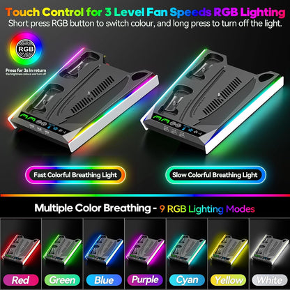 Soporte para PS5/Slim/Pro para discos y consola digital, estación de carga y refrigeración con luces RGB, cargador de mando PS5 con ventilador