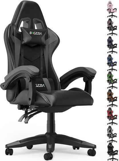 Bigzzia Silla Gaming, Ergonómica En Cuero PU, Regulable En Altura Con Soporte Lumbar Y Reposacabezas, Respaldo Reclinable 155°
