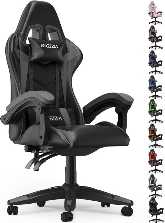 Bigzzia Silla Gaming, Ergonómica En Cuero PU, Regulable En Altura Con Soporte Lumbar Y Reposacabezas, Respaldo Reclinable 155°