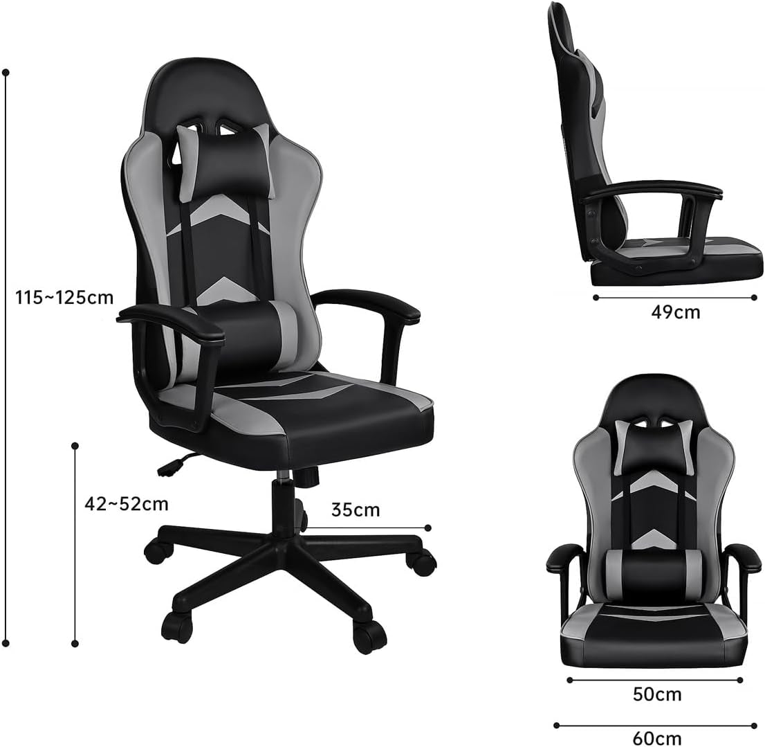 Silla Gaming Ergonómica Reclinable Con Cojín Lumbar Y Cervical | Respaldo Alto Acolchado | Altura Ajustable | Ruedas Giratorias 360° Y Reposabrazos 