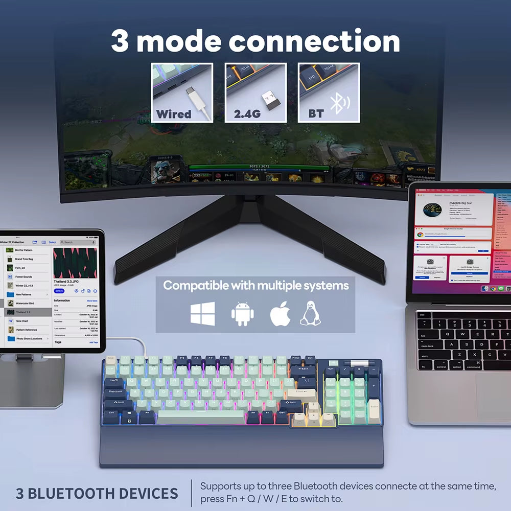 Teclado Mecánico e Inalámbrico ROYAL KLUDGE 96 RGB Tri-Mode BT5.0/2.4G/USB-C Hot-Swappable de 96 Teclas