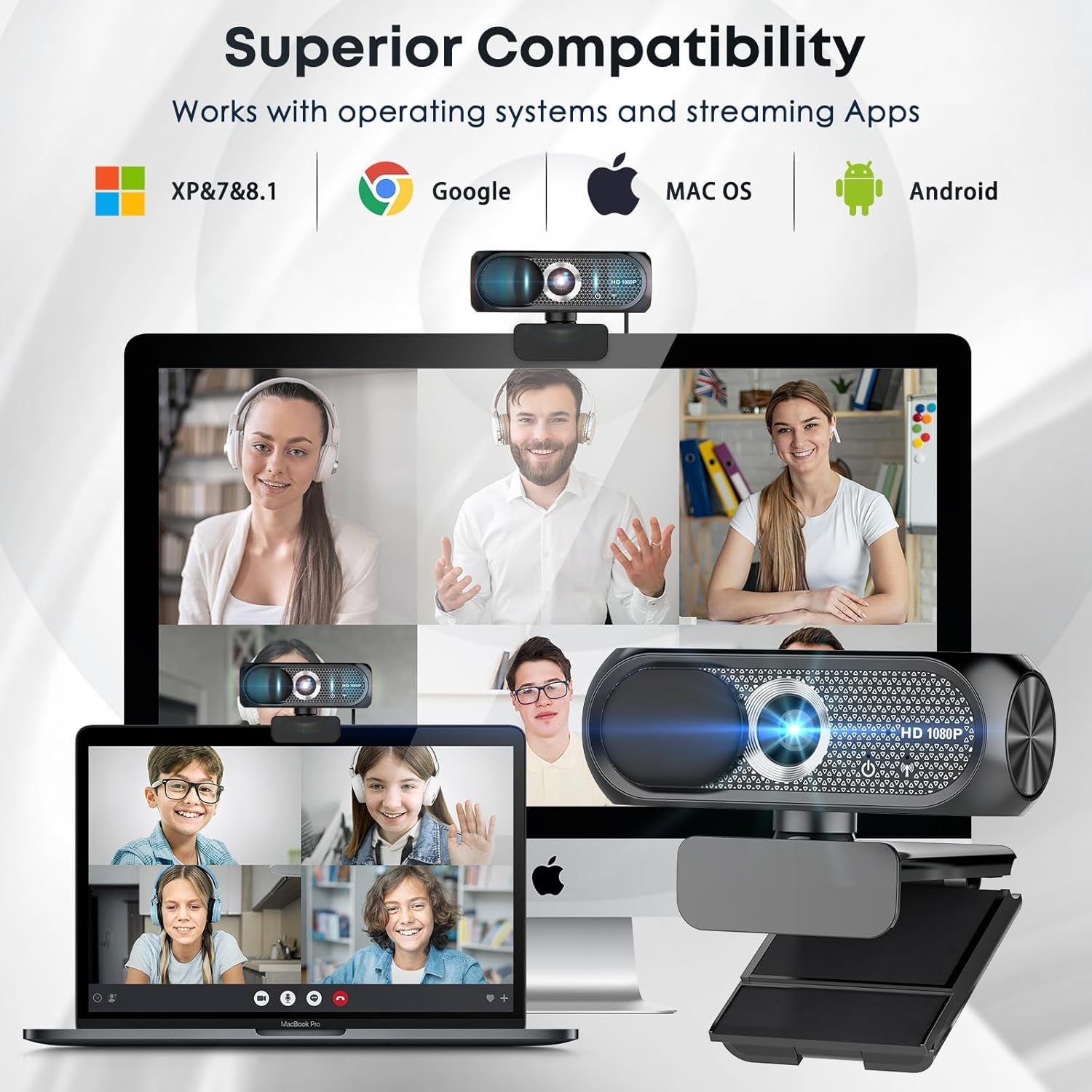 Cámara Web HD con Micrófono, Cancelación de Ruido, Cubierta de Privacidad, Lente Gran Angular, Corrección Automática de Luz, Cámara USB Plug & Play para Portátil