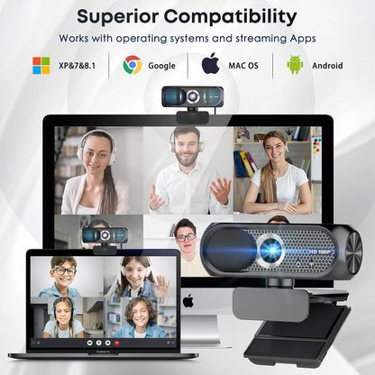 Cámara Web HD con Micrófono, Cancelación de Ruido, Cubierta de Privacidad, Lente Gran Angular, Corrección Automática de Luz, Cámara USB Plug & Play para Portátil
