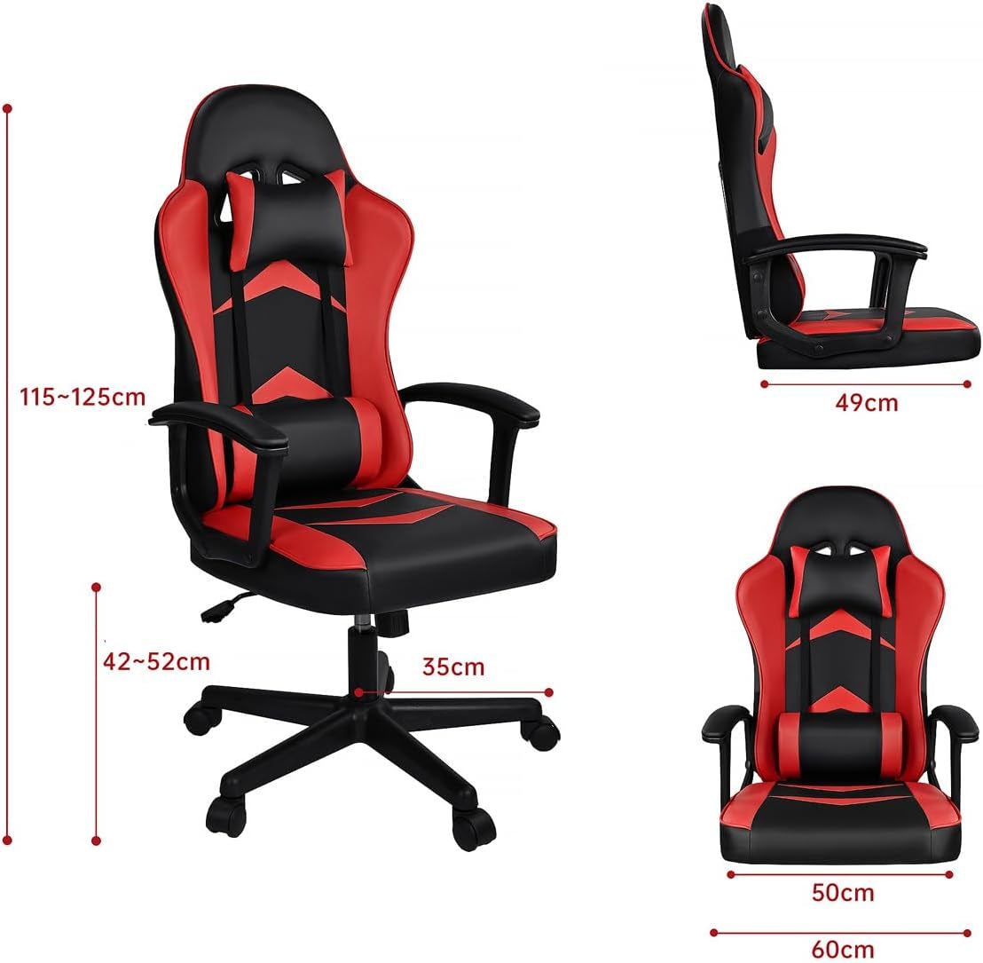Silla Gaming Ergonómica Reclinable Con Cojín Lumbar Y Cervical | Respaldo Alto Acolchado | Altura Ajustable | Ruedas Giratorias 360° Y Reposabrazos