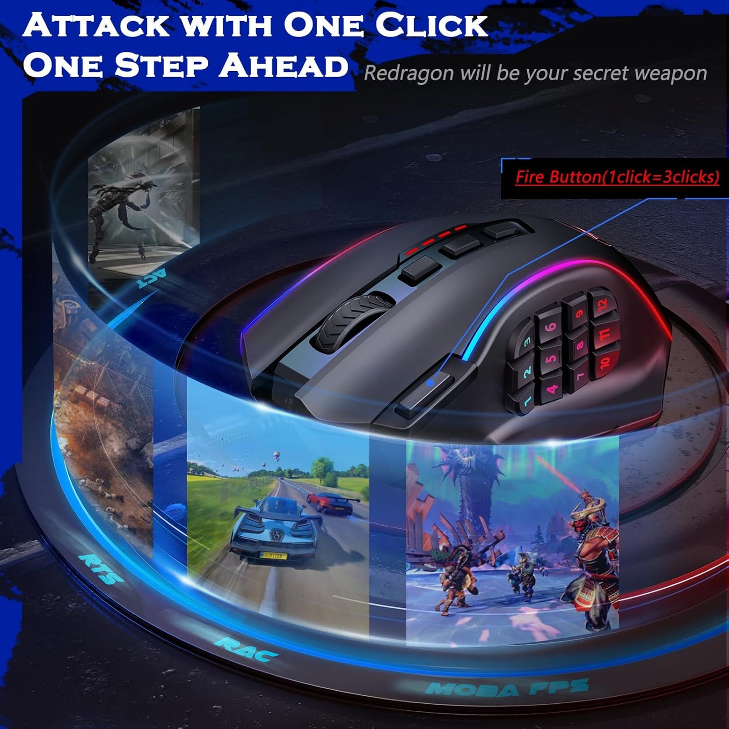 Ratón para juegos, ratón MMO para juegos de hasta 12400 DPI, 19 botones macro programables, ratón RGB con 12 botones laterales, M901K