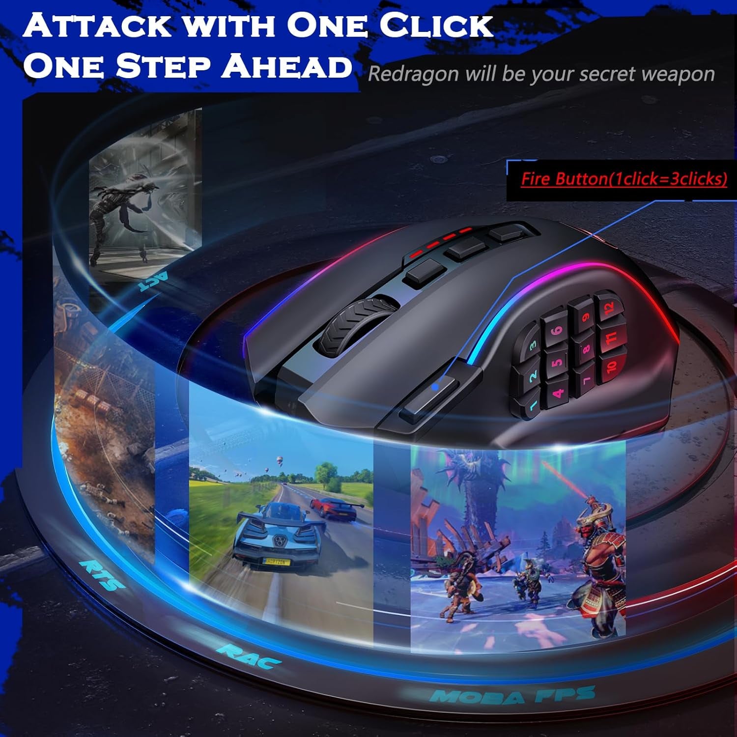 Ratón para juegos, ratón MMO para juegos de hasta 12400 DPI, 19 botones macro programables, ratón RGB con 12 botones laterales, M901K