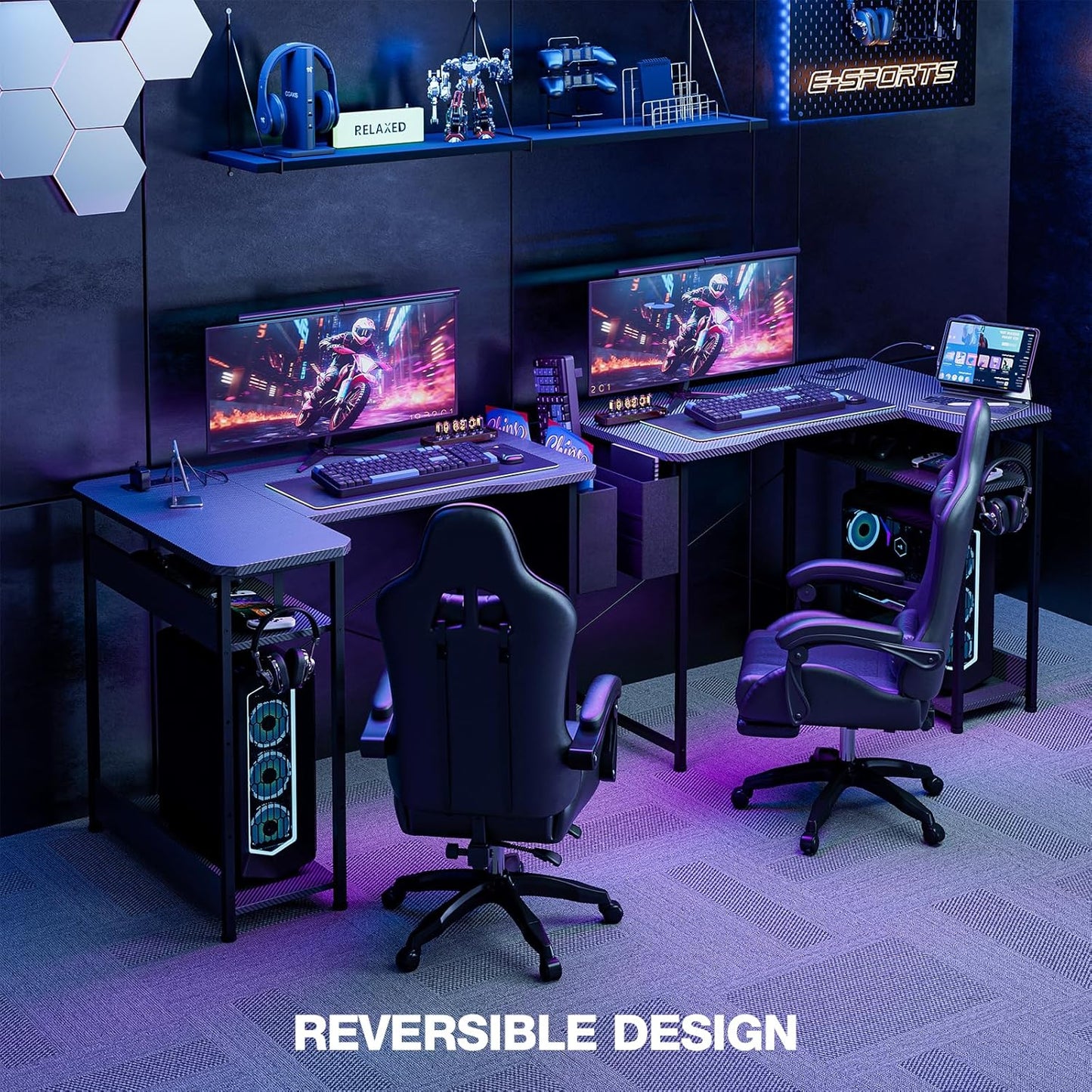 Escritorio de Gaming en Forma de L de 40 Pulgadas - Escritorio de Esquina para Computadora con Tomas de Corriente, Estantes Reversibles y Bolsa de Almacenamiento para Oficina en Casa, Mesa de Gaming para PC