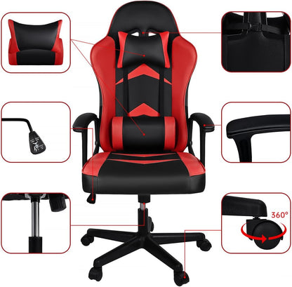 Silla Gaming Ergonómica Reclinable Con Cojín Lumbar Y Cervical | Respaldo Alto Acolchado | Altura Ajustable | Ruedas Giratorias 360° Y Reposabrazos